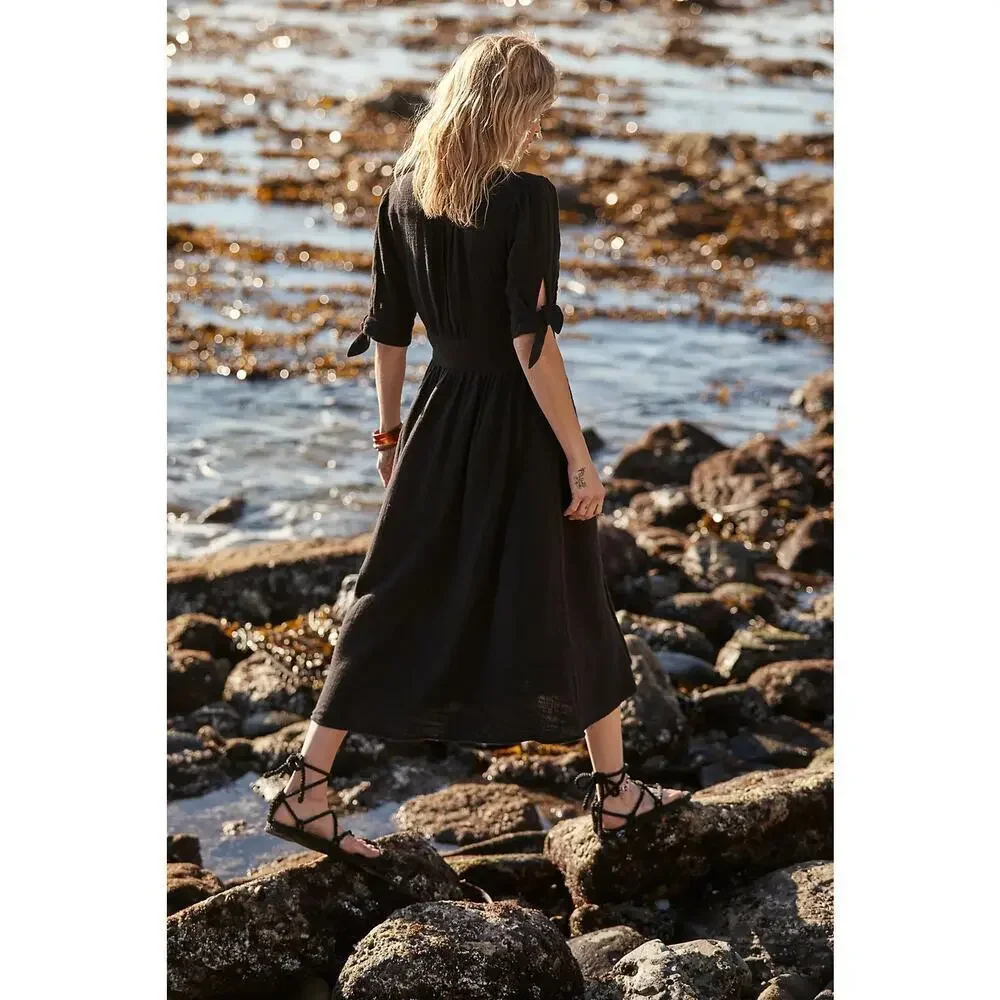 Free People Love My Life Black Cotton Midi Dress Size Medium - Picture 2 of 8